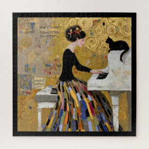 Puzzle Dama de Klimt al piano con gato negro en oro