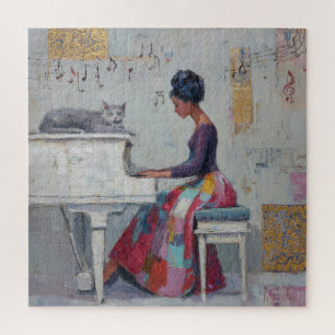 Puzzle Dama de piano brillante púrpura gris gato