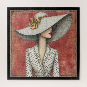Puzzle Dama de sombrero de sol ancho vintage sobre rojo