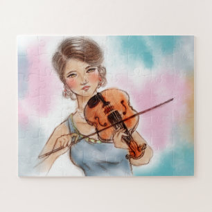 Puzzle Dama de violín clásico, arte vintage rosa y azul