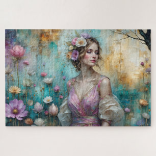 Puzzle Dama en rosa, paisaje floral texturizado verde azu
