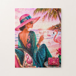 Puzzle Dama Glam Chic en Playa Tropical con Tema de Flame