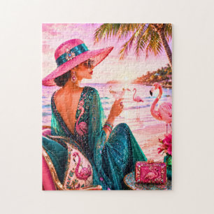 Puzzle Dama Glam Chic en Playa Tropical con Tema de Flame