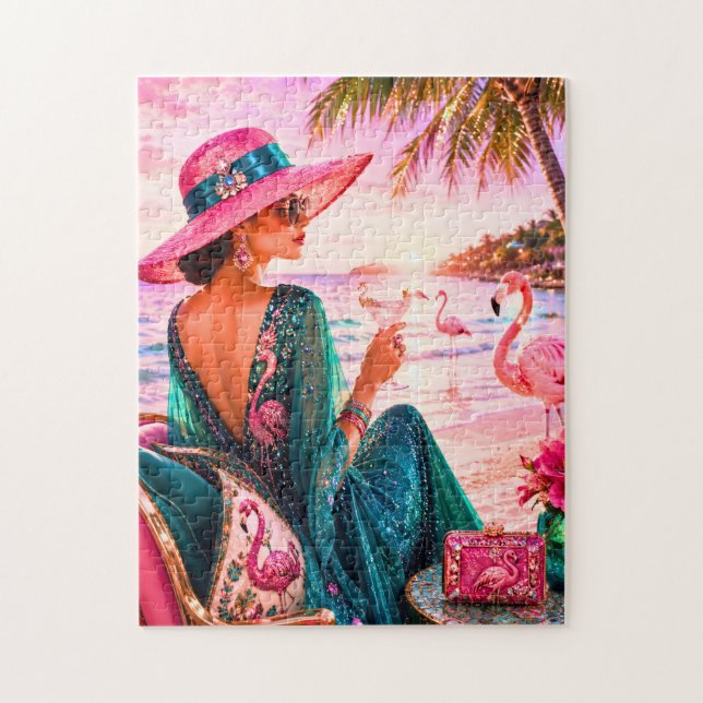 Puzzle Dama Glam Chic en Playa Tropical con Tema de Flame (Vertical)