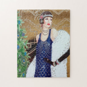 Puzzle dama navideña vintage del art deco retro