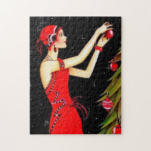 Puzzle dama navideña vintage del art deco retro
