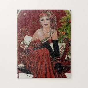 Puzzle dama navideña vintage del art deco retro