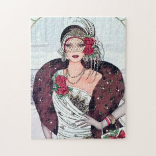 Puzzle dama navideña vintage del art deco retro