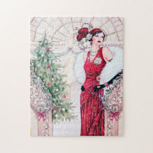 Puzzle dama navideña vintage del art deco retro