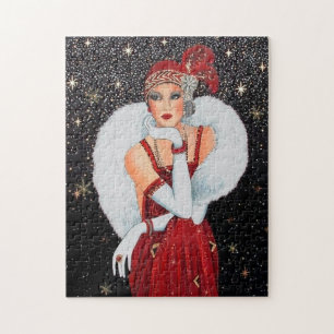 Puzzle dama navideña vintage del art deco retro