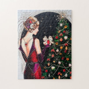 Puzzle dama navideña vintage del art deco retro