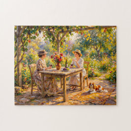 Puzzle Damas compartiendo vino bajo pérgola de jardín