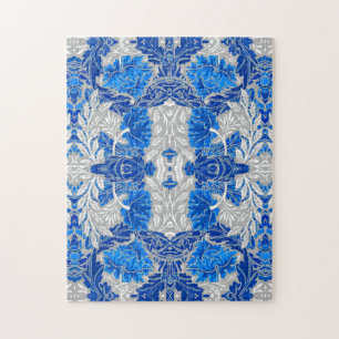 Puzzle Damasco floral, azul zafiro y gris