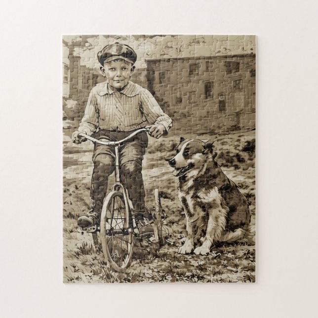 Puzzle De vuelta en el día Chico en bicicleta con perro (Vertical)