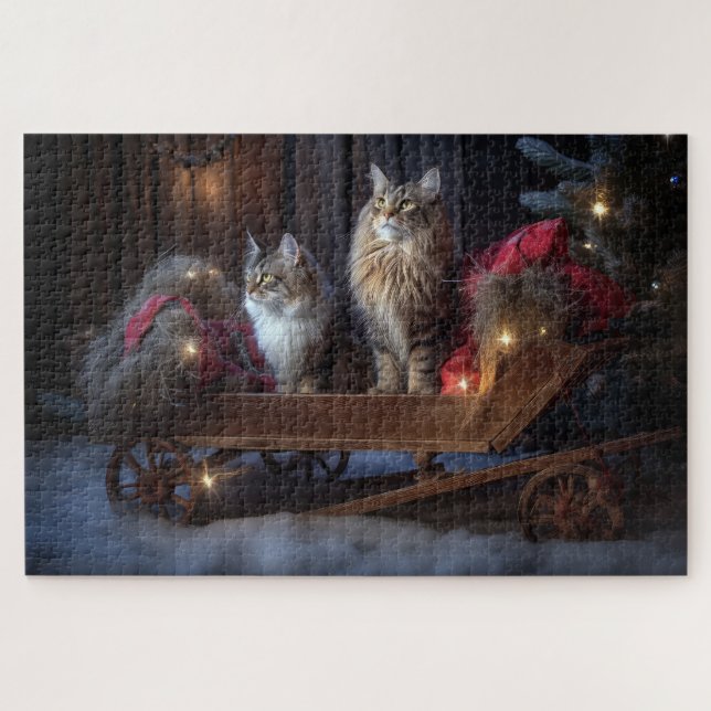 Puzzle Decoración de los Navidades Maine Coon Snowy Sleig (Horizontal)