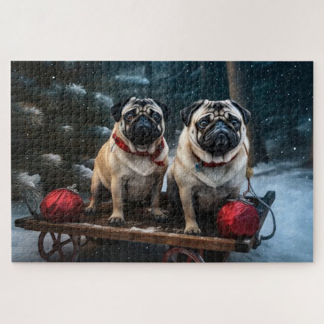 Puzzle Decoración de los Navidades Pug Snowy Sleigh (Horizontal)