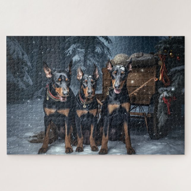 Puzzle Decoración de Navidad de trineo nevado Doberman (Horizontal)