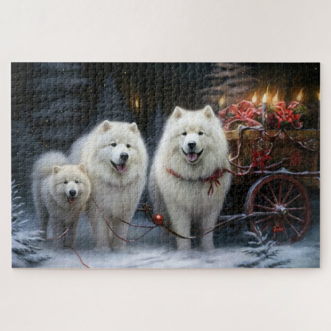 Puzzle Decoración de Navidad de Trineo Nevado Samoyedo (Horizontal)