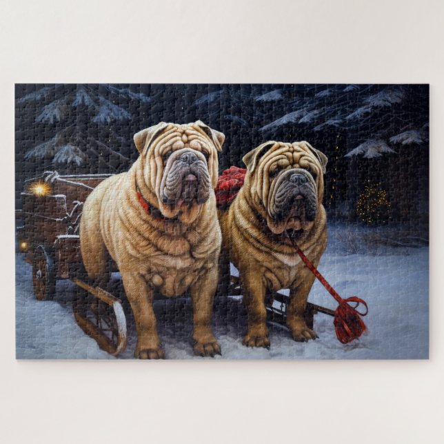 Puzzle Decoración de Navidad de trineo nevado Shar Pei (Horizontal)