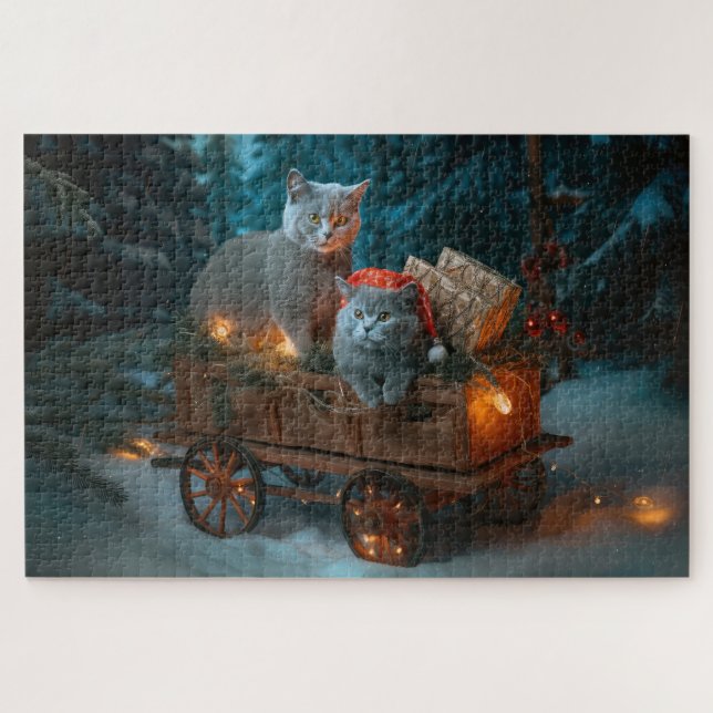 Puzzle Decoración de Navidades de Sleigh de gato azul rus (Horizontal)