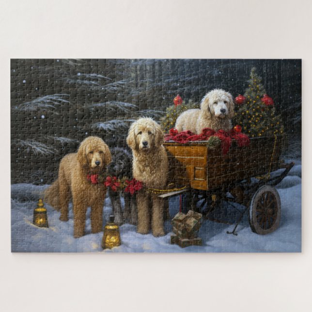 Puzzle Decoración de Navidades Goldendoodle Snowy Sleigh (Horizontal)