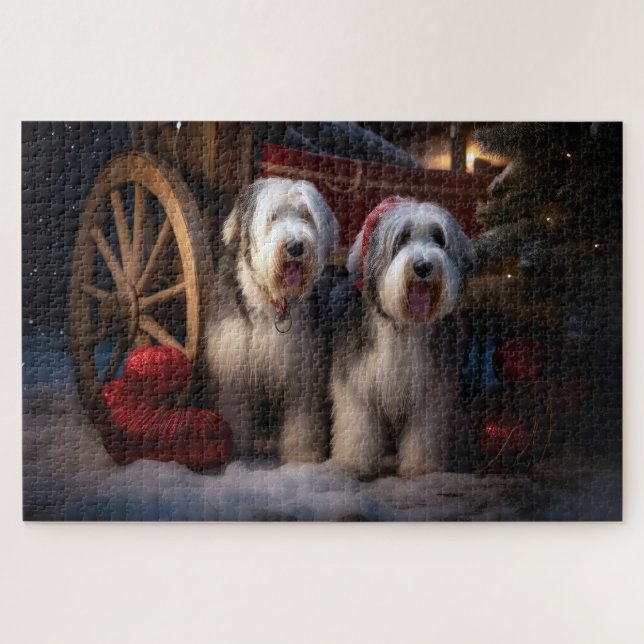 Puzzle Decoración del viejo pastor inglés Snowy Sleigh Na (Horizontal)