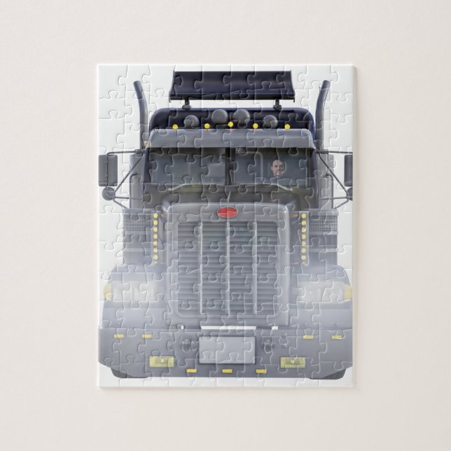 Puzzle Del negro camión semi con las luces encendido en (Vertical)