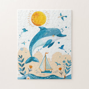 Puzzle Delfín de dibujos animados saltando fuera del agua