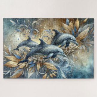 Puzzle Delfines elegantes con olas doradas florales