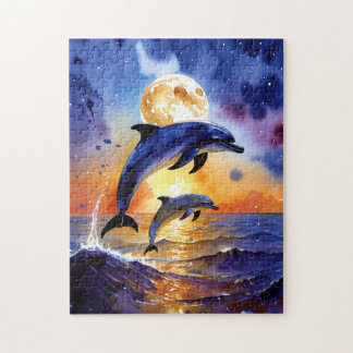 Puzzle Delfines majestuosos bajo la luz de la luna en el