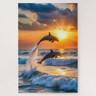 Puzzle Delfines saltando al atardecer