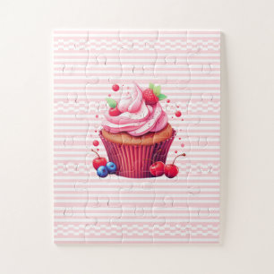 Puzzle Delicioso Cupcake de Fresa Rosado Blanco Rompecabe