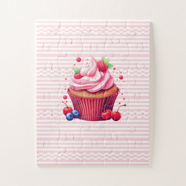 Puzzle Delicioso Cupcake de Fresa Rosado Blanco Rompecabe (Vertical)