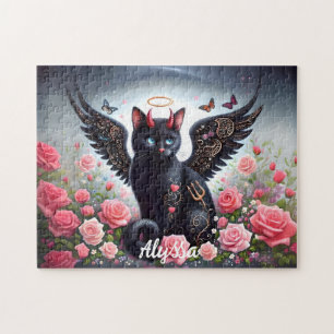 Puzzle Demonio negro divertido y gato ángel 