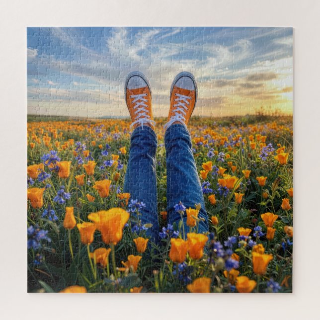 Puzzle Denim Jeans and Orange Sneakers in Flowers (Vertical)