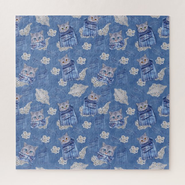 Puzzle Denim Jeans de bolsillo, gatitos y encaje (Vertical)