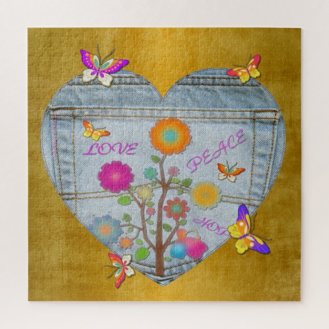 Puzzle Denim Pocket Heart Flowers Butterflies (Vertical)