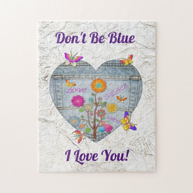 Puzzle Denim Pocket Heart Flowers Butterflies (Vertical)