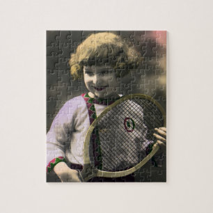 Puzzle Deportes de tenis vintage, niña feliz con raqueta