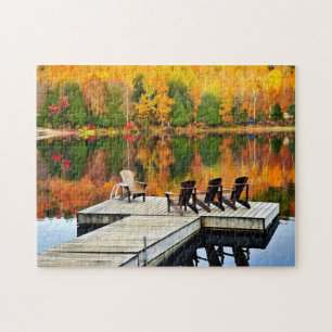 Puzzle Depósito De Madera En El Lago Otoño