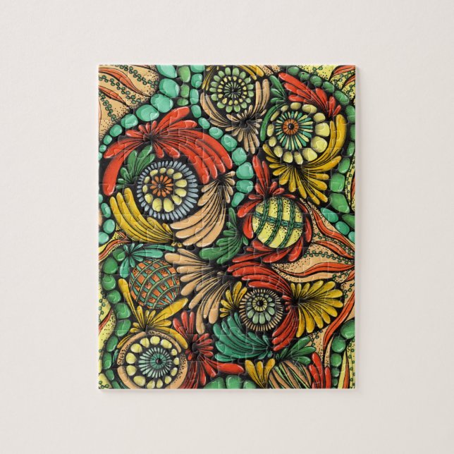 Puzzle Desafiante Zentangle Tropical Verde y Naranja Ab (Vertical)
