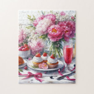 Puzzle Desayuno elegante con pasteles y peonías