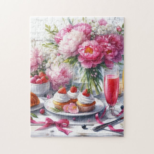 Puzzle Desayuno elegante con pasteles y peonías  (Vertical)