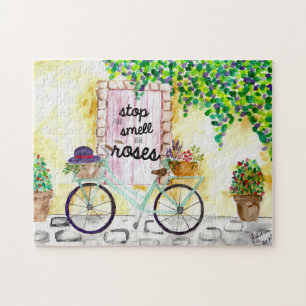 Puzzle Detente y huele las rosas Flores acuarela Biciclet