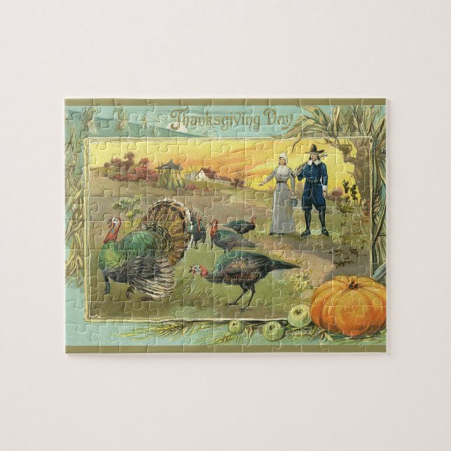 Puzzle Día de Acción de Gracias con pavos y peregrinos (Horizontal)