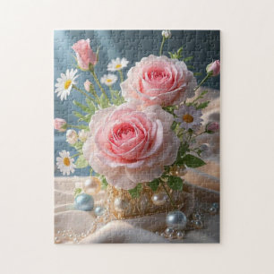 Puzzle Día de la Madre Rosas rosadas y margaritas blancas
