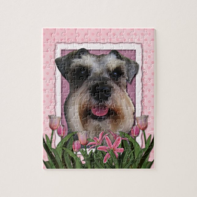 Puzzle Día de la Madre - tulipanes rosados - Schnauzer (Vertical)