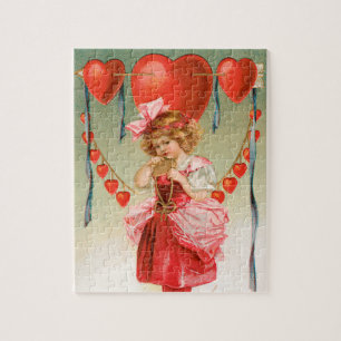 Puzzle Día de San Valentín antiguo, niña victoriana con c