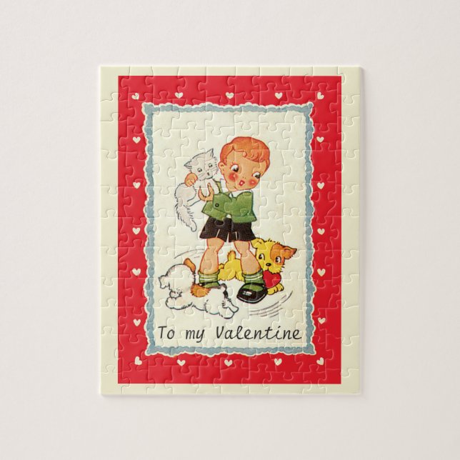 Puzzle Día de San Valentín Victoriano Antiguo Niño, Gato  (Vertical)