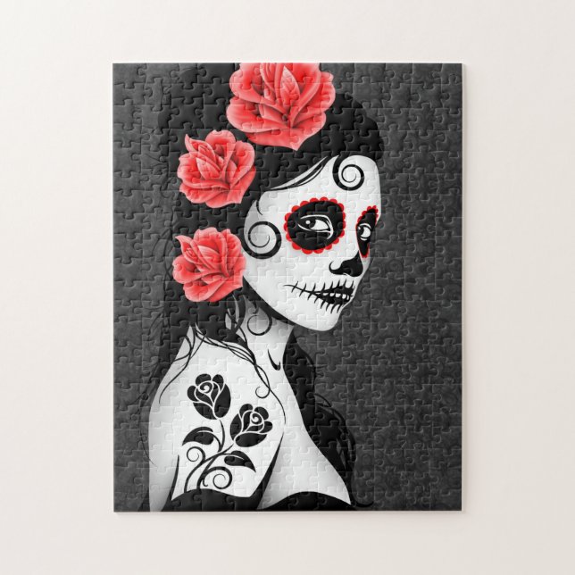 Puzzle Día del chica muerto del cráneo del azúcar - gris (Vertical)
